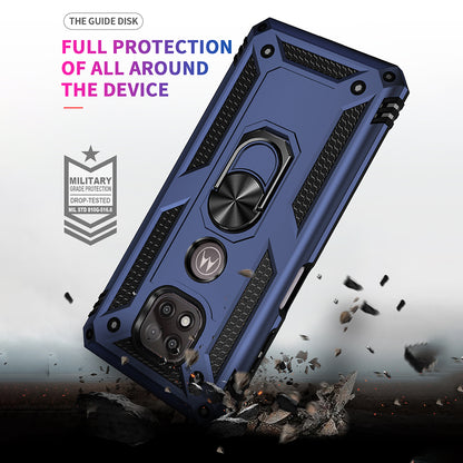 Hybrid PC + TPU + Metal Anti-Fall Protection Phone Case Cover with Finger Ring Kickstand for Motorola Moto G Power (2021)