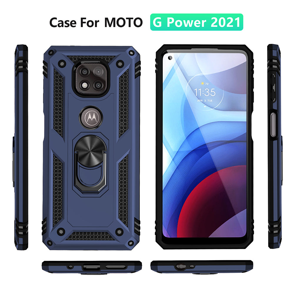 Hybrid PC + TPU + Metal Anti-Fall Protection Phone Case Cover with Finger Ring Kickstand for Motorola Moto G Power (2021)