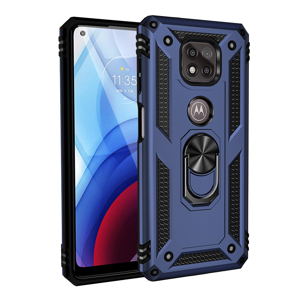 Hybrid PC + TPU + Metal Anti-Fall Protection Phone Case Cover with Finger Ring Kickstand for Motorola Moto G Power (2021)