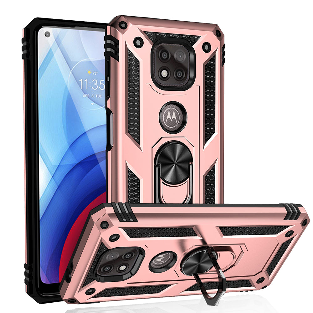 Hybrid PC + TPU + Metal Anti-Fall Protection Phone Case Cover with Finger Ring Kickstand for Motorola Moto G Power (2021)