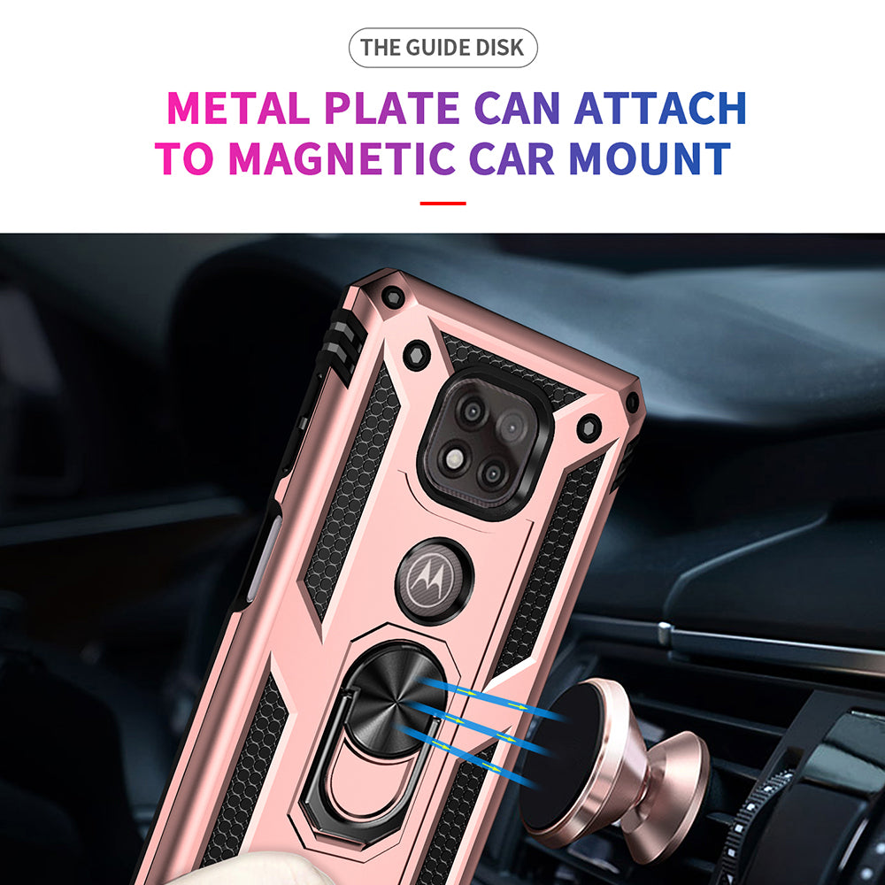 Hybrid PC + TPU + Metal Anti-Fall Protection Phone Case Cover with Finger Ring Kickstand for Motorola Moto G Power (2021)