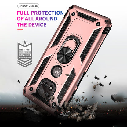 Hybrid PC + TPU + Metal Anti-Fall Protection Phone Case Cover with Finger Ring Kickstand for Motorola Moto G Power (2021)