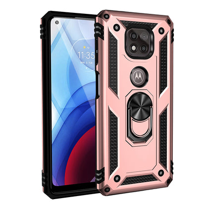 Hybrid PC + TPU + Metal Anti-Fall Protection Phone Case Cover with Finger Ring Kickstand for Motorola Moto G Power (2021)