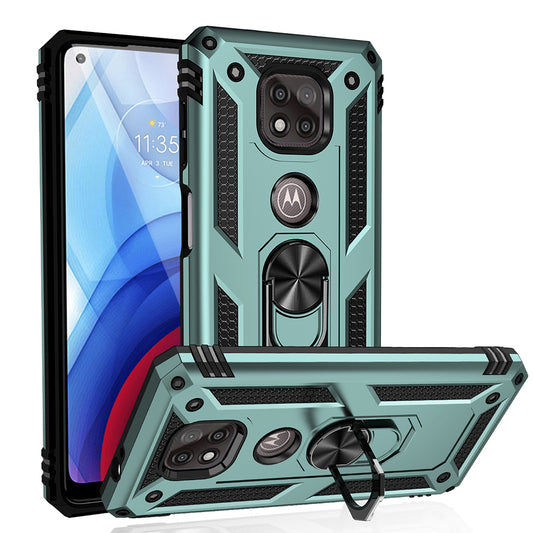 Hybrid PC + TPU + Metal Anti-Fall Protection Phone Case Cover with Finger Ring Kickstand for Motorola Moto G Power (2021)