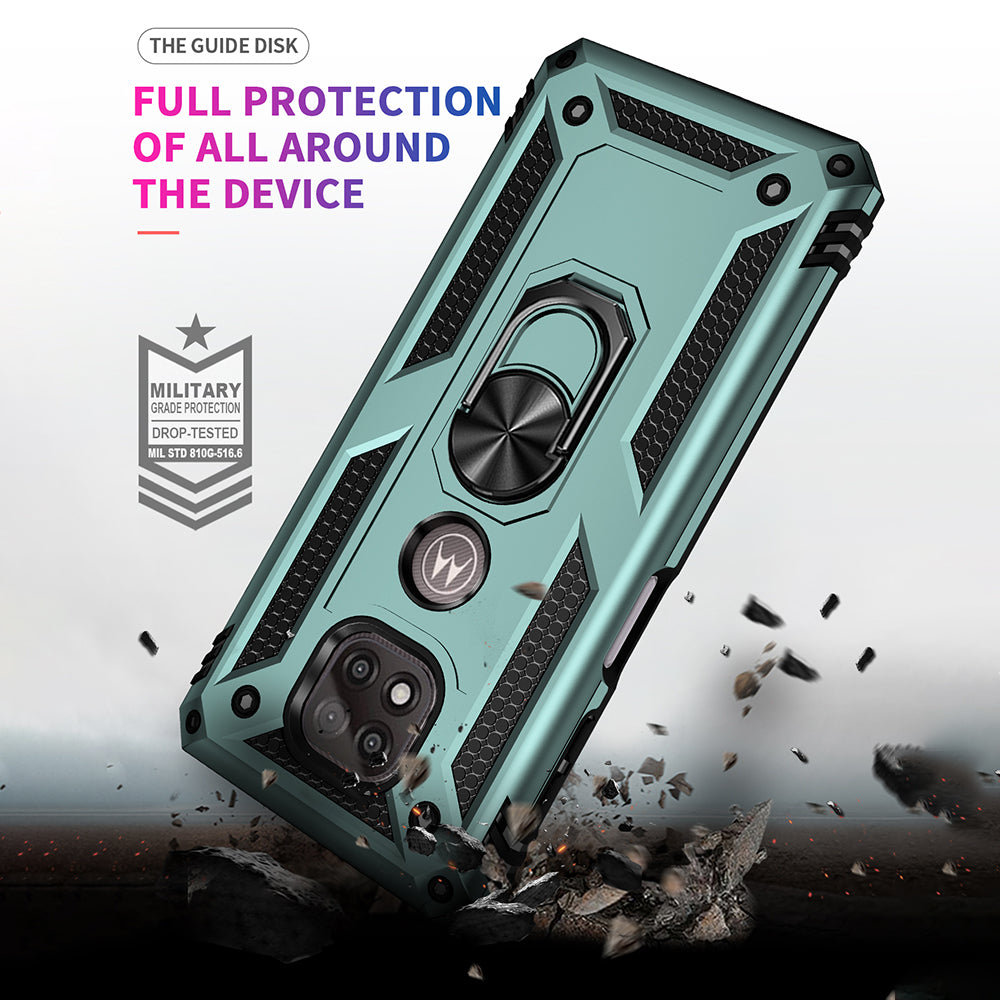 Hybrid PC + TPU + Metal Anti-Fall Protection Phone Case Cover with Finger Ring Kickstand for Motorola Moto G Power (2021)