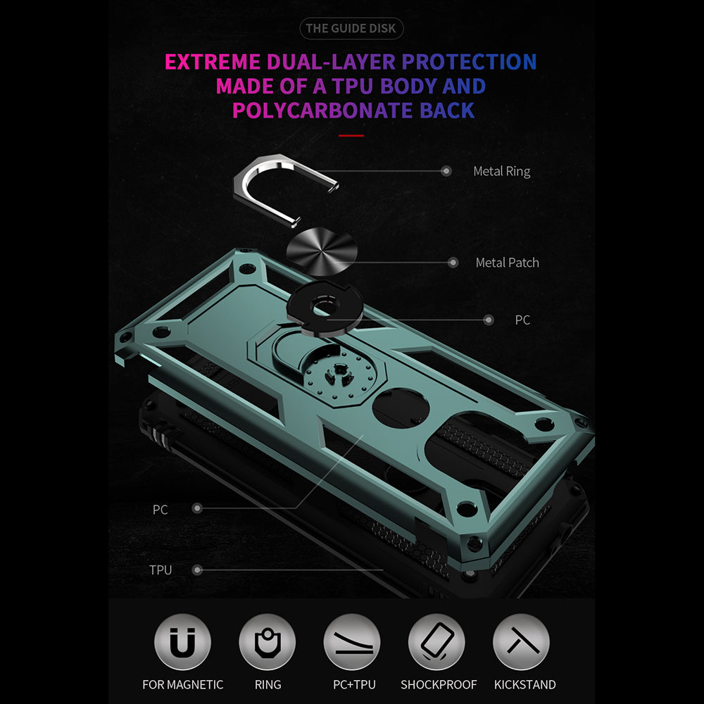 Hybrid PC + TPU + Metal Anti-Fall Protection Phone Case Cover with Finger Ring Kickstand for Motorola Moto G Power (2021)