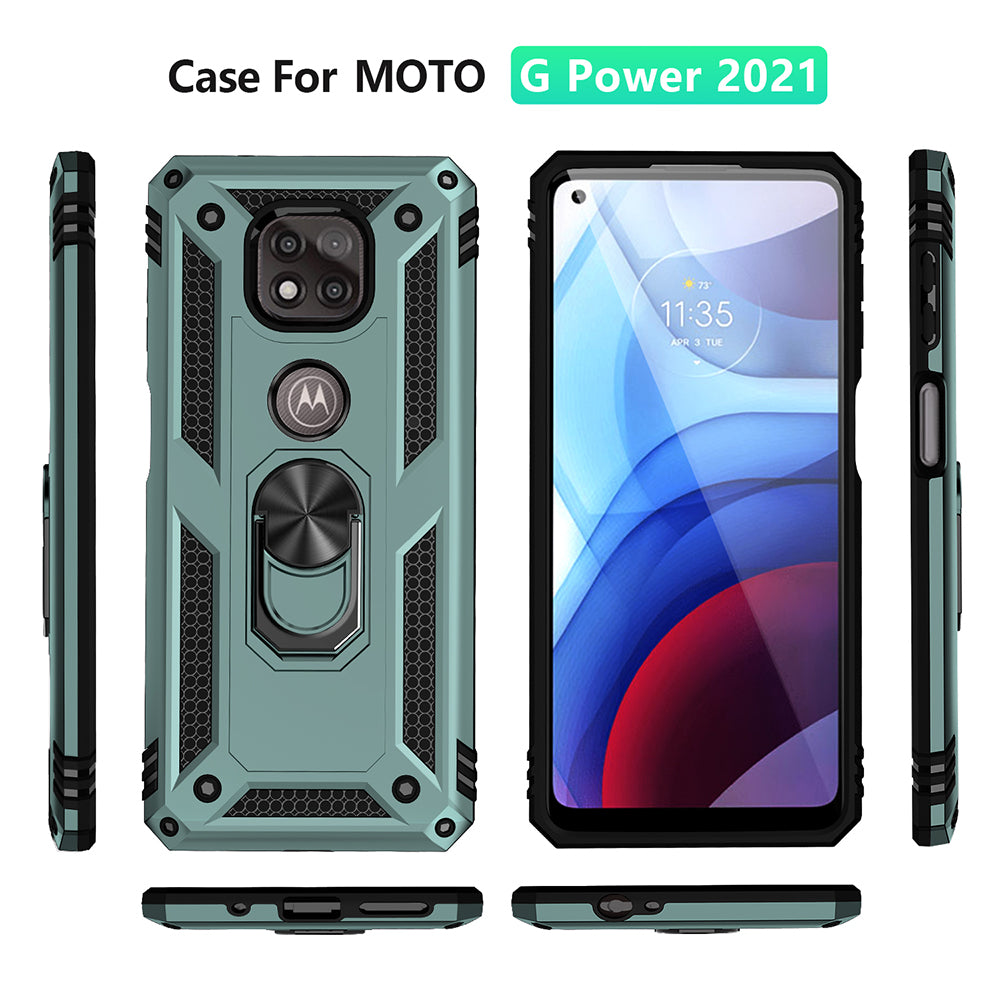 Hybrid PC + TPU + Metal Anti-Fall Protection Phone Case Cover with Finger Ring Kickstand for Motorola Moto G Power (2021)