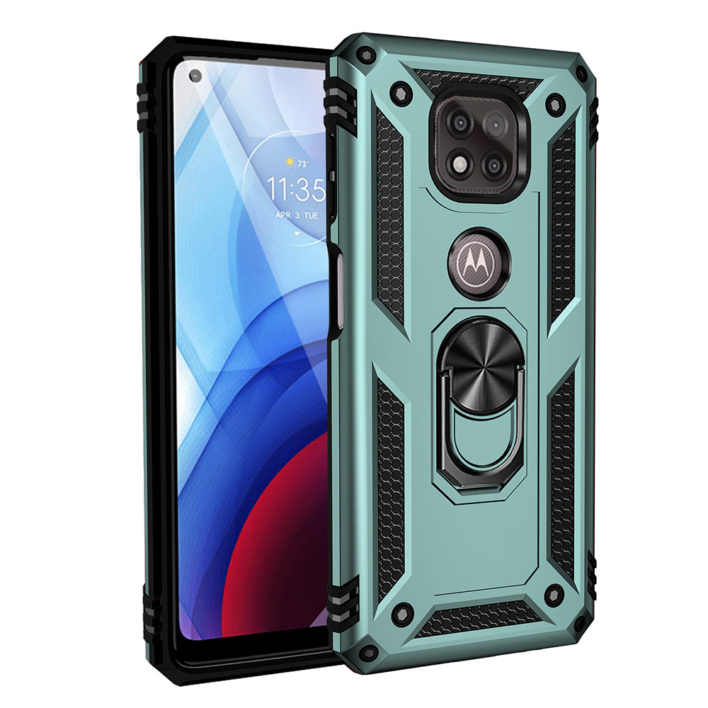 Hybrid PC + TPU + Metal Anti-Fall Protection Phone Case Cover with Finger Ring Kickstand for Motorola Moto G Power (2021)