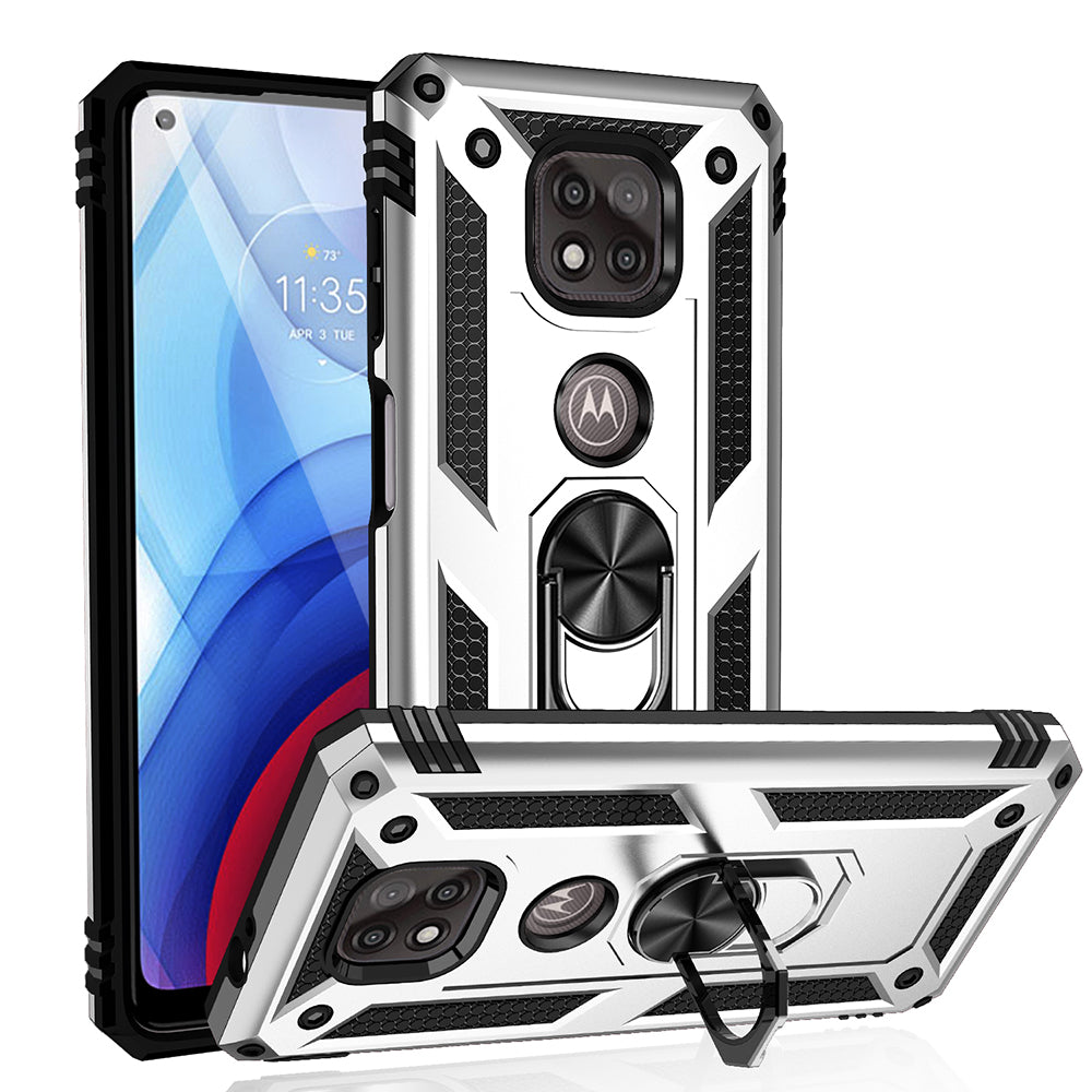 Hybrid PC + TPU + Metal Anti-Fall Protection Phone Case Cover with Finger Ring Kickstand for Motorola Moto G Power (2021)