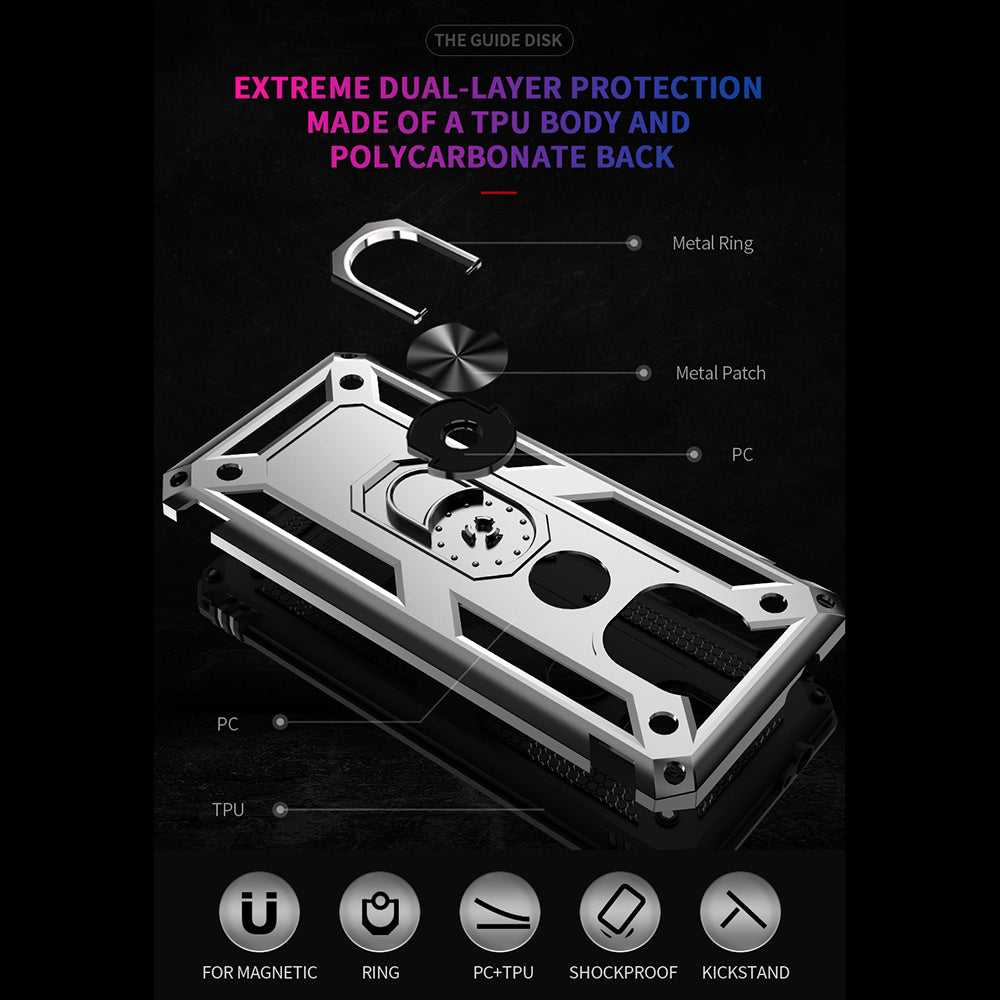 Hybrid PC + TPU + Metal Anti-Fall Protection Phone Case Cover with Finger Ring Kickstand for Motorola Moto G Power (2021)