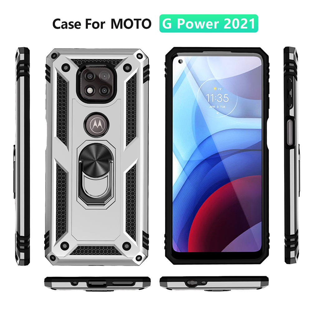 Hybrid PC + TPU + Metal Anti-Fall Protection Phone Case Cover with Finger Ring Kickstand for Motorola Moto G Power (2021)