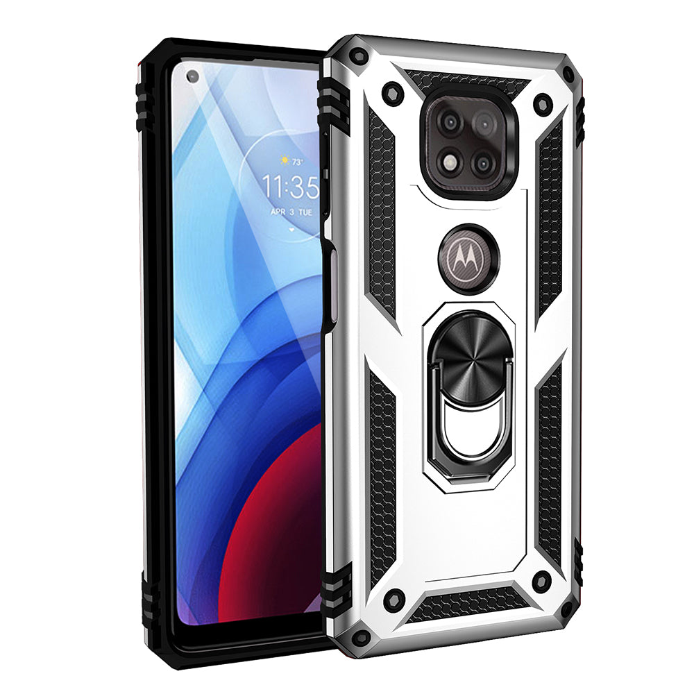 Hybrid PC + TPU + Metal Anti-Fall Protection Phone Case Cover with Finger Ring Kickstand for Motorola Moto G Power (2021)