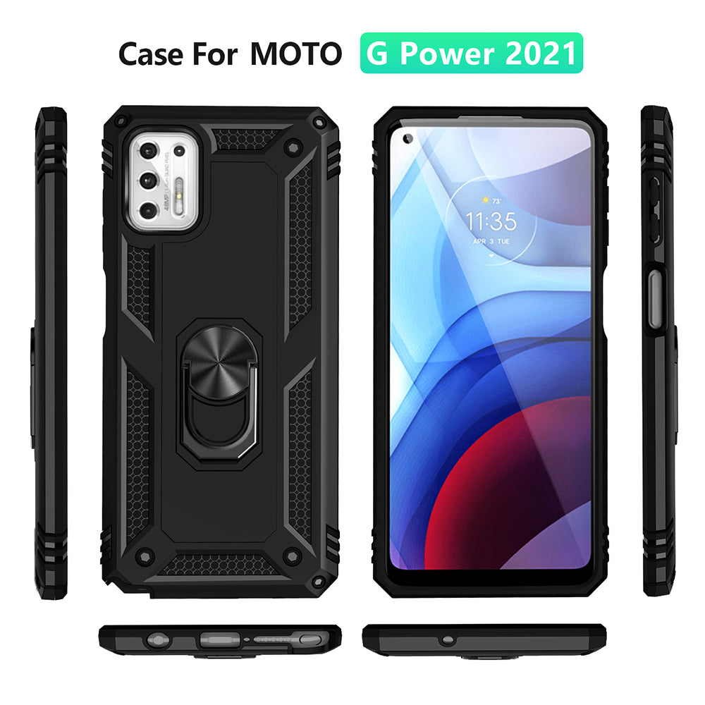 Hybrid PC + TPU + Metal Anti-Fall Phone Case Shell with Finger Ring Kickstand for Motorola Moto G Stylus 4G (2021)