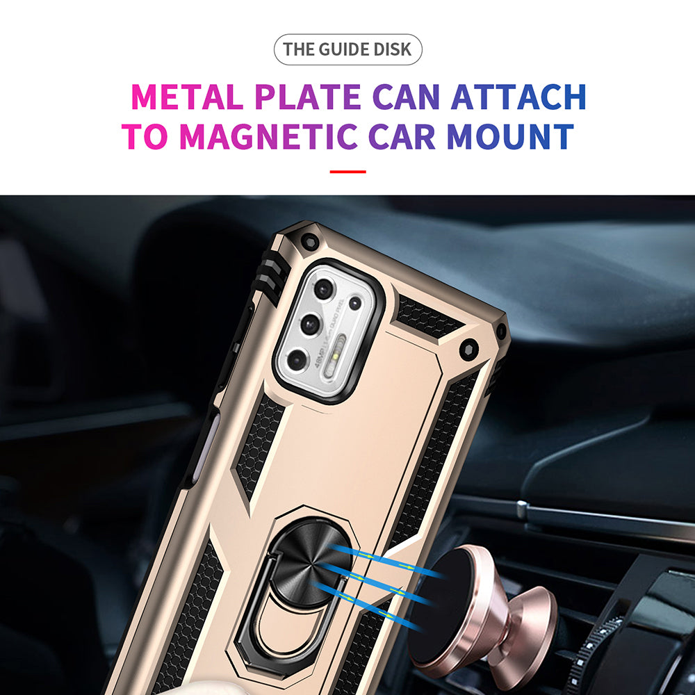 Hybrid PC + TPU + Metal Anti-Fall Phone Case Shell with Finger Ring Kickstand for Motorola Moto G Stylus 4G (2021)