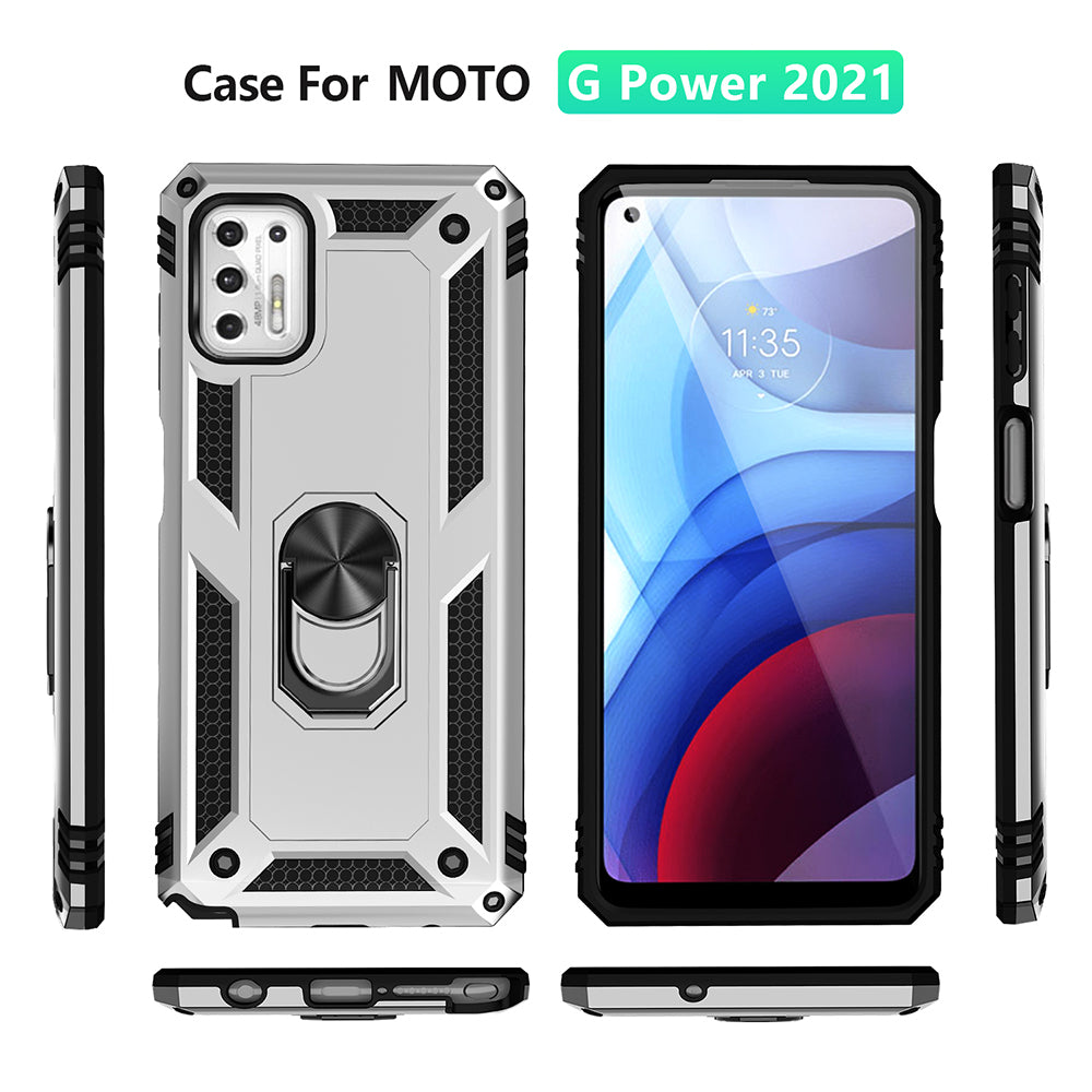 Hybrid PC + TPU + Metal Anti-Fall Phone Case Shell with Finger Ring Kickstand for Motorola Moto G Stylus 4G (2021)