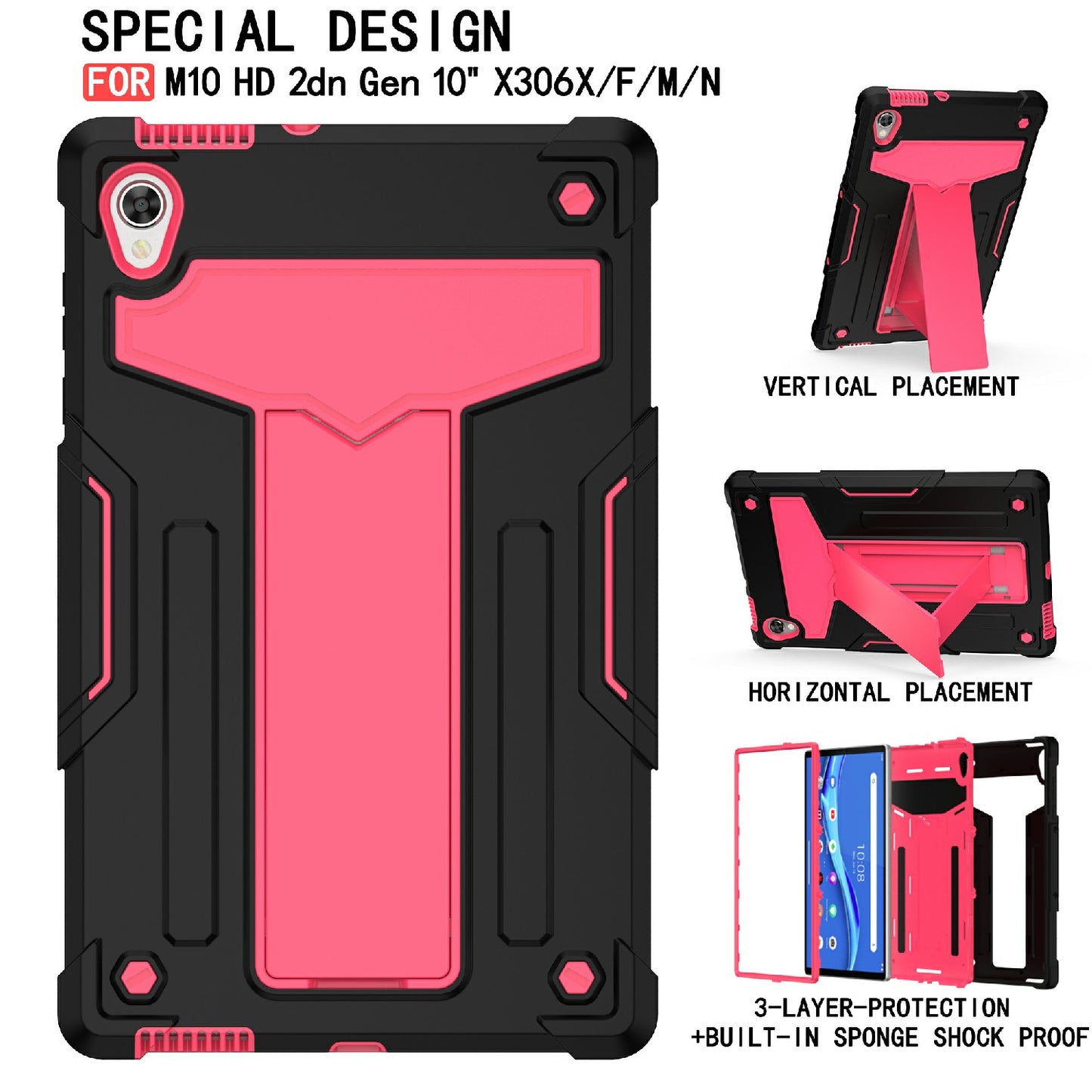 Foldable T-shaped Kickstand PC Silicone Shock-Proof Protector Cover for Lenovo Tab M10 HD Gen 2