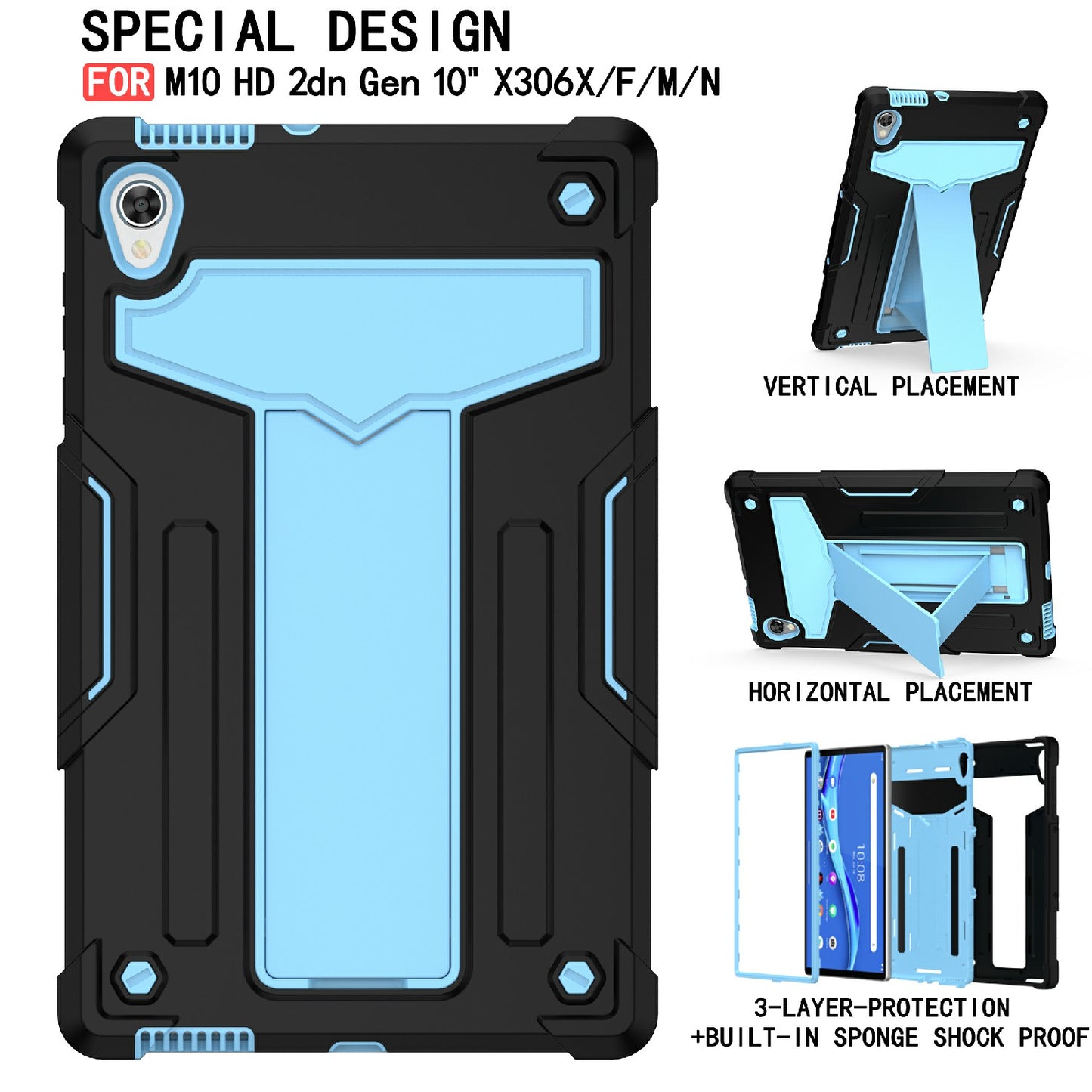 Foldable T-shaped Kickstand PC Silicone Shock-Proof Protector Cover for Lenovo Tab M10 HD Gen 2