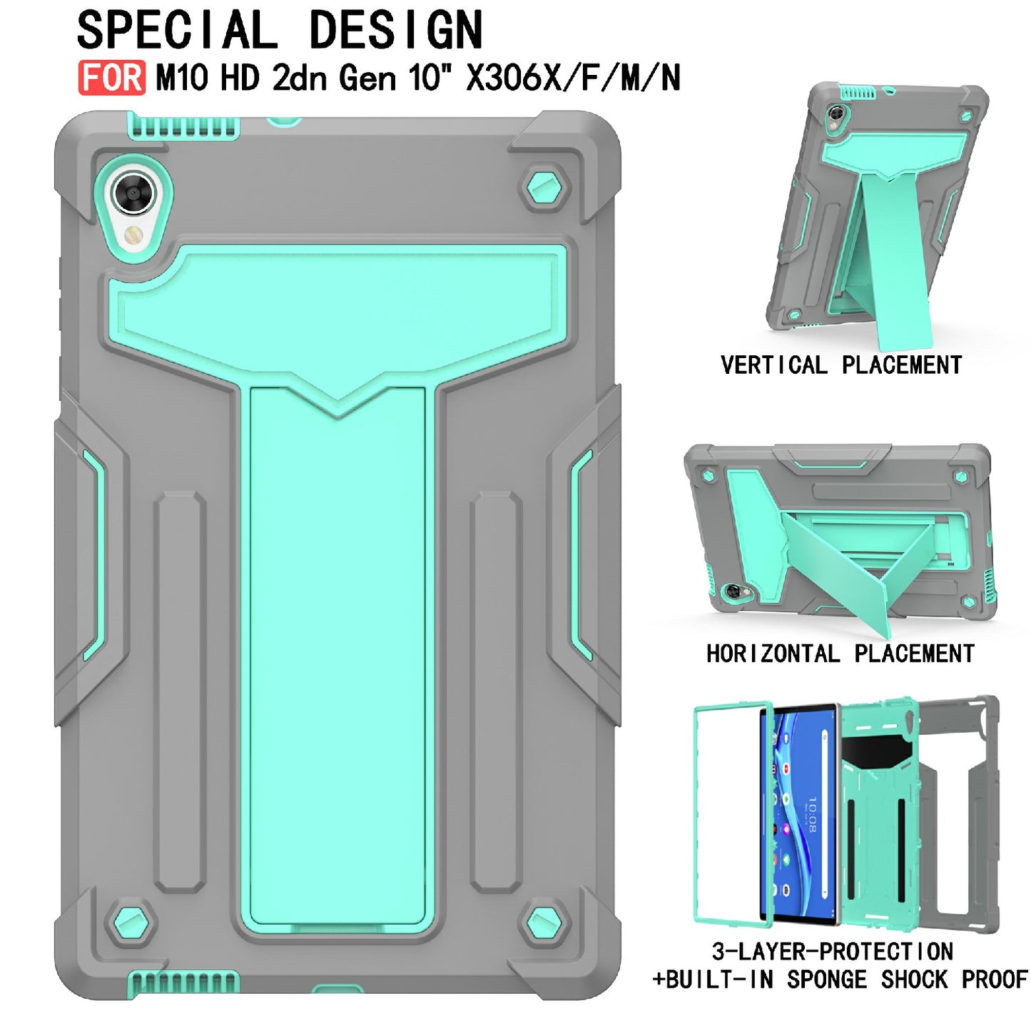 Foldable T-shaped Kickstand PC Silicone Shock-Proof Protector Cover for Lenovo Tab M10 HD Gen 2