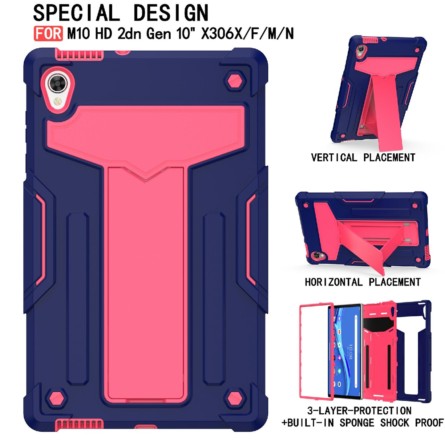 Foldable T-shaped Kickstand PC Silicone Shock-Proof Protector Cover for Lenovo Tab M10 HD Gen 2