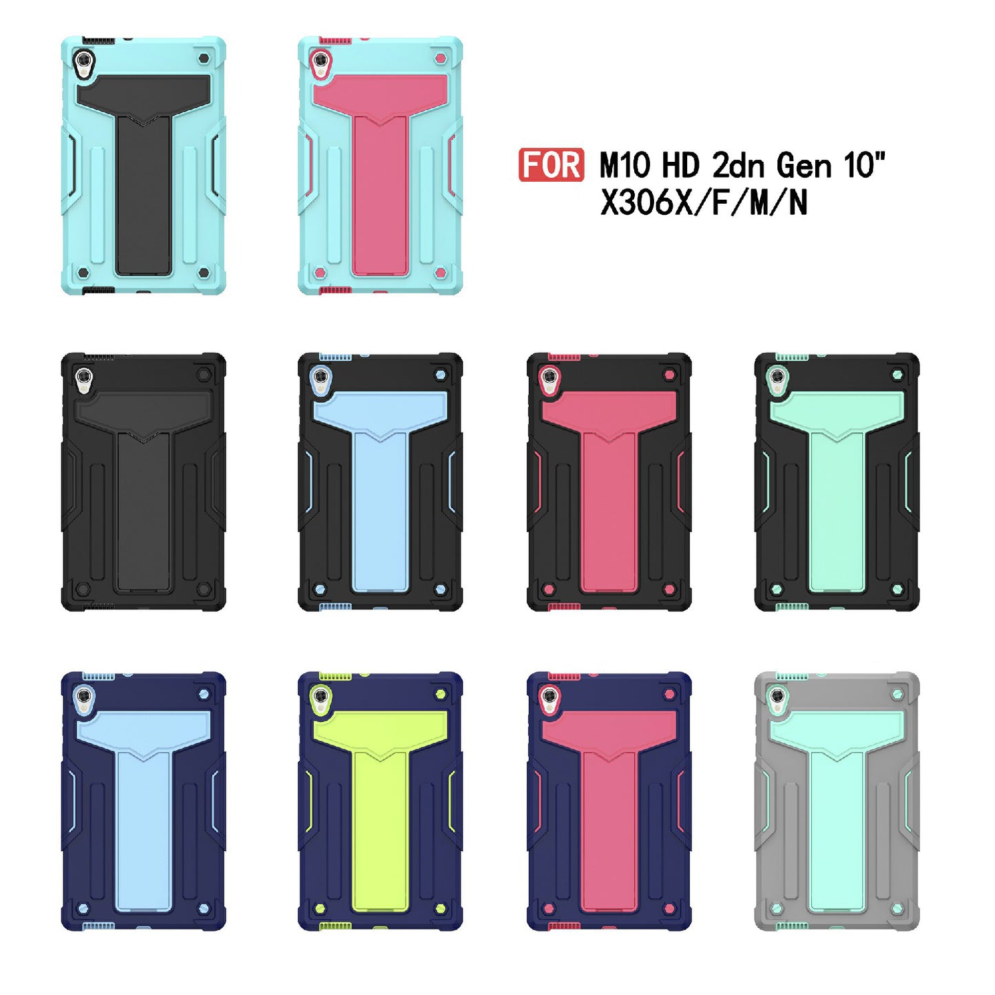 Foldable T-shaped Kickstand PC Silicone Shock-Proof Protector Cover for Lenovo Tab M10 HD Gen 2