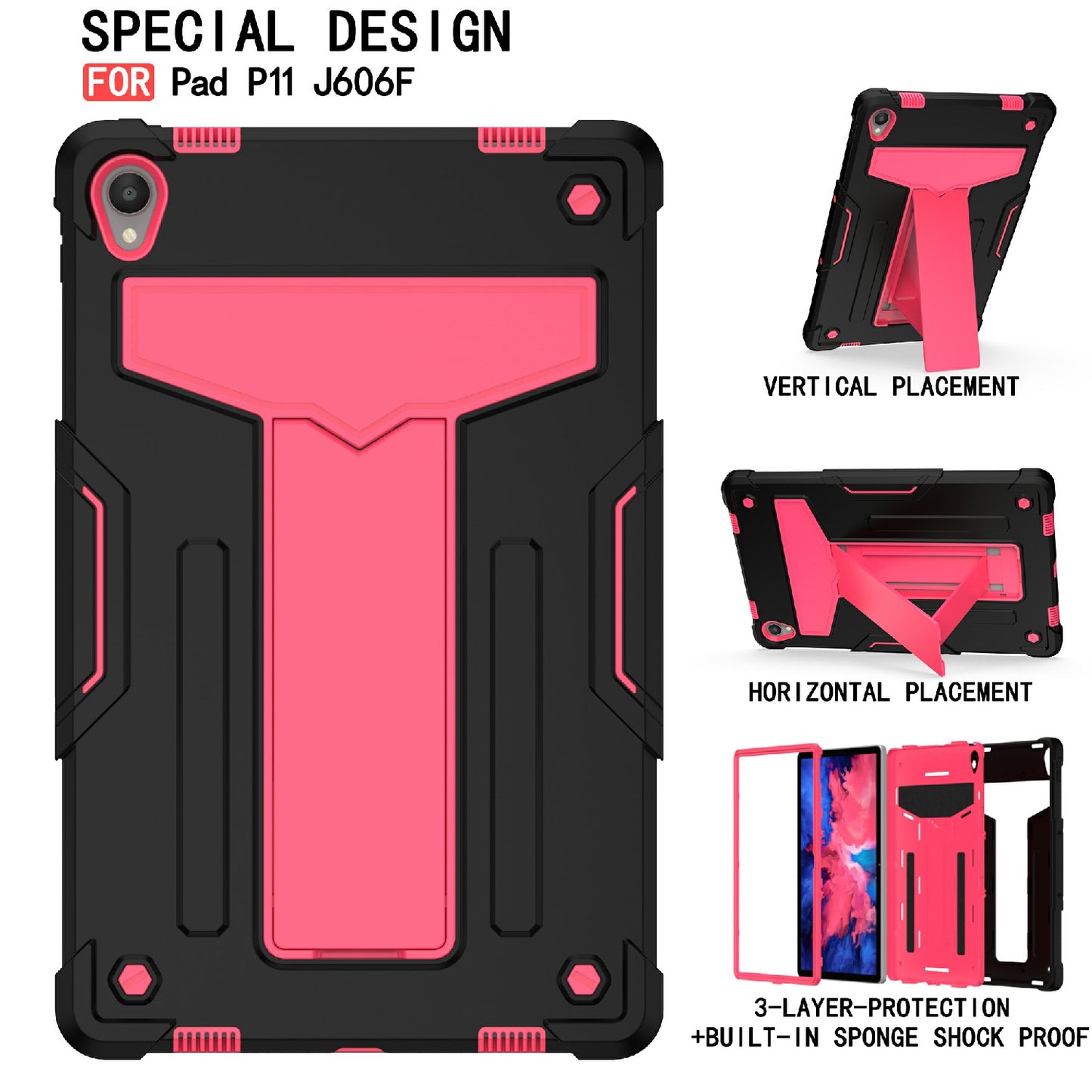 Foldable T-shaped Kickstand Shock-Proof PC Silicone Protector Cover for Lenovo Tab P11 / P11 5G 11 inch TB-J606F / J606X