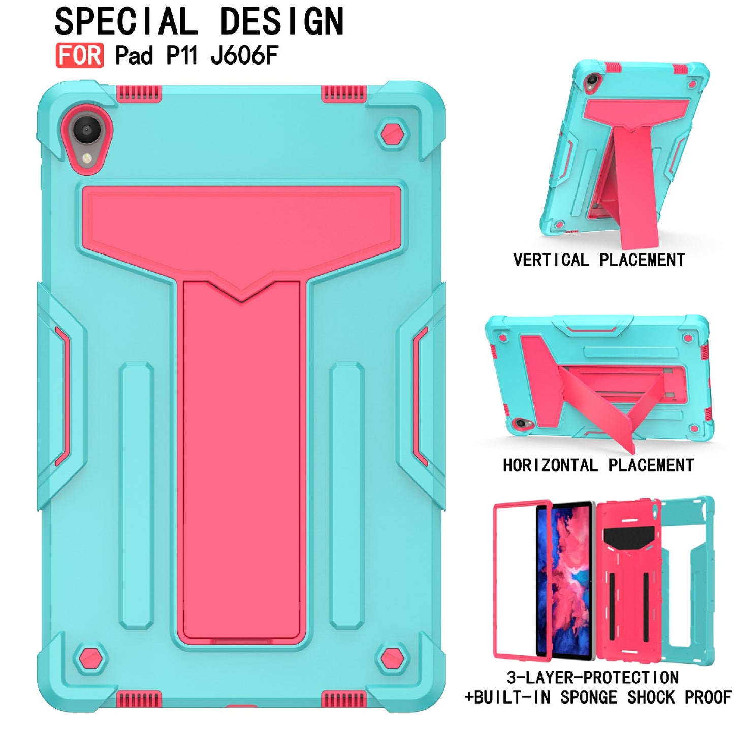 Foldable T-shaped Kickstand Shock-Proof PC Silicone Protector Cover for Lenovo Tab P11 / P11 5G 11 inch TB-J606F / J606X