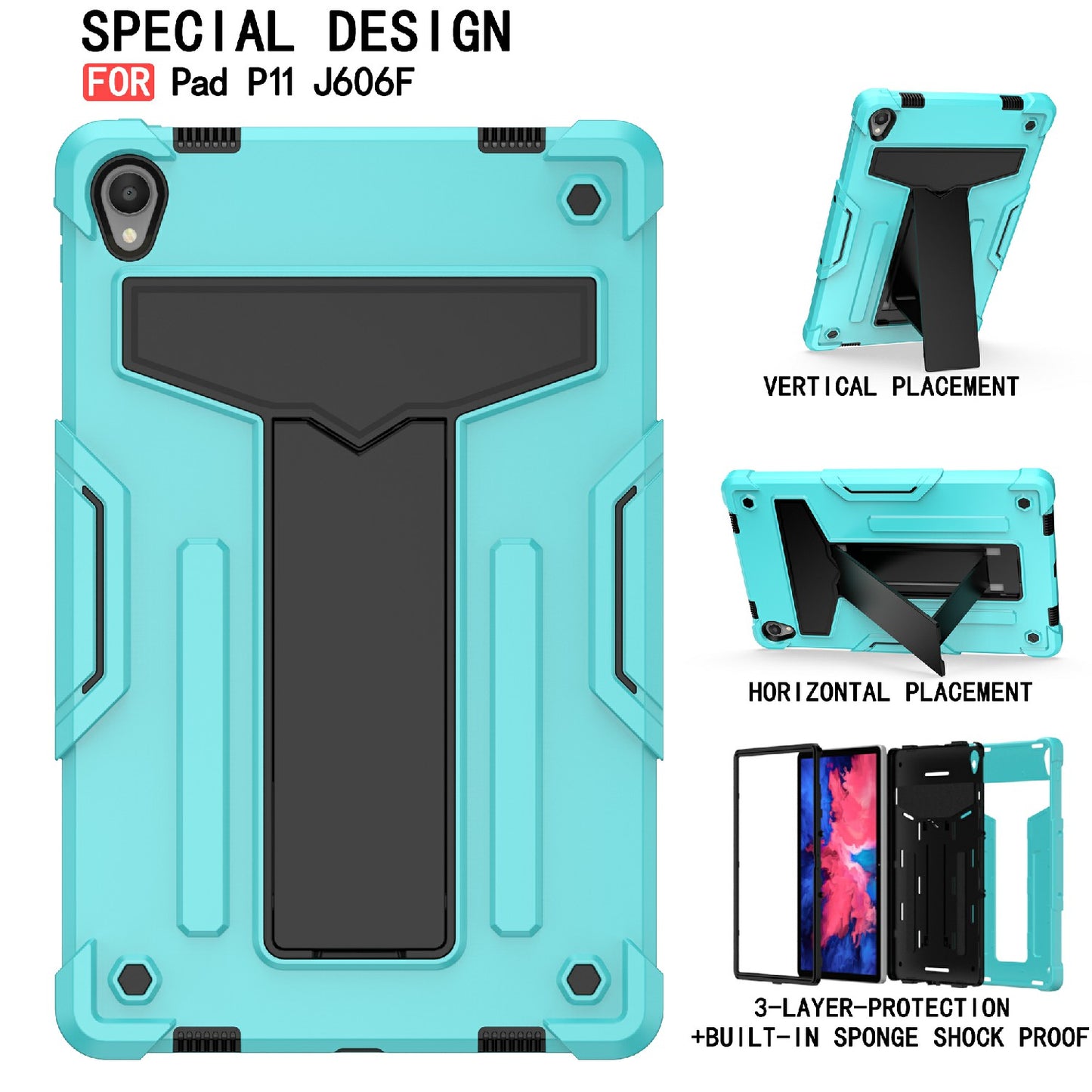 Foldable T-shaped Kickstand Shock-Proof PC Silicone Protector Cover for Lenovo Tab P11 / P11 5G 11 inch TB-J606F / J606X