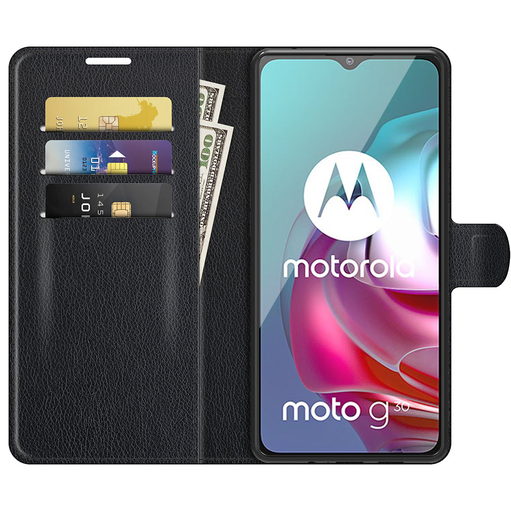 Litchi Texture Folio Flip Wallet Leather Phone Case with Stand for Motorola Moto G10/G30/G20