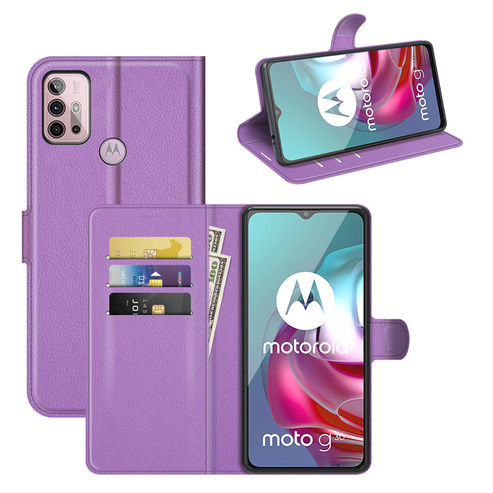 Litchi Texture Folio Flip Wallet Leather Phone Case with Stand for Motorola Moto G10/G30/G20