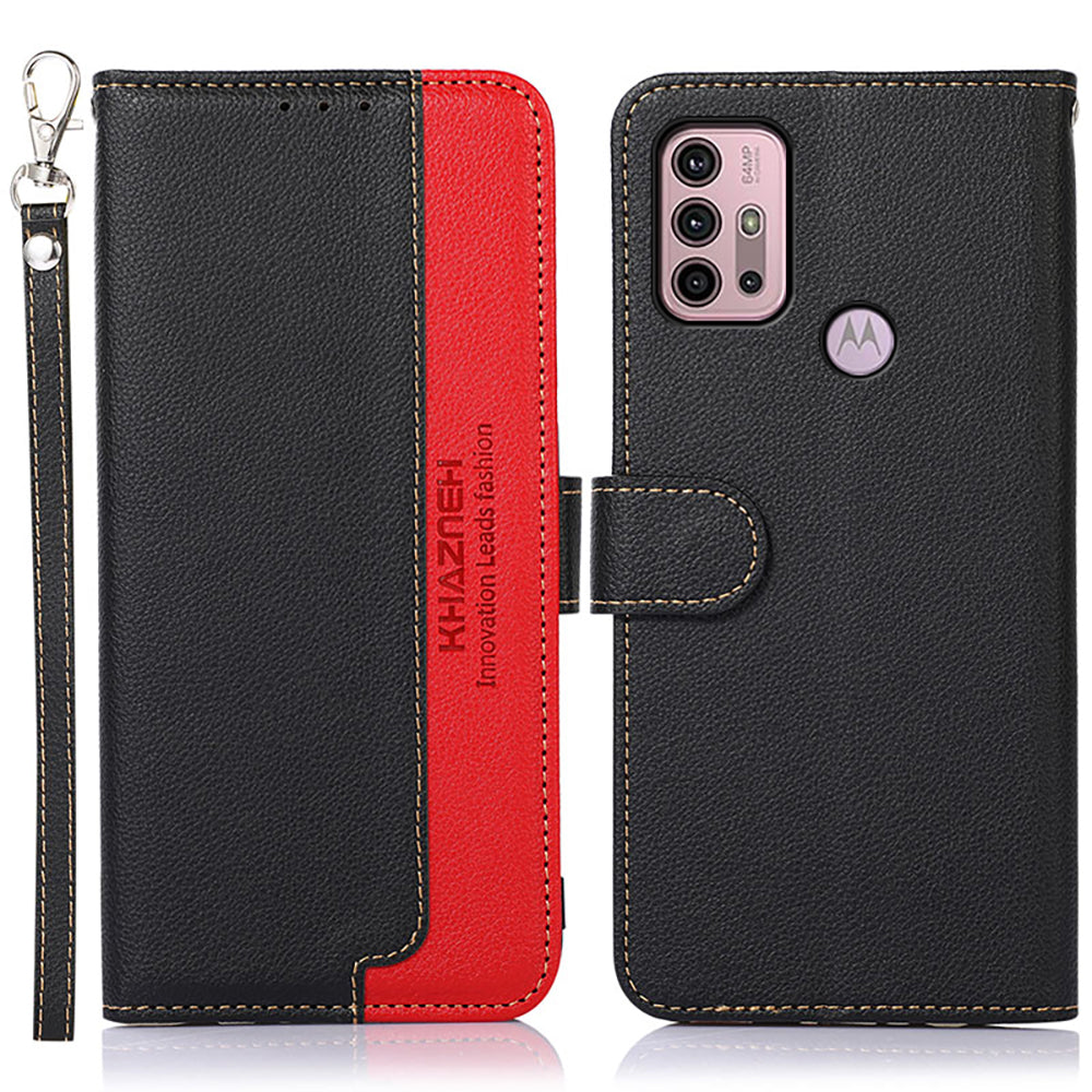 KHAZNEH RFID Blocking Anti-theft Swiping Design Litchi Skin Leather Phone Shell Case with Wallet for Motorola Moto G10/G30/G20