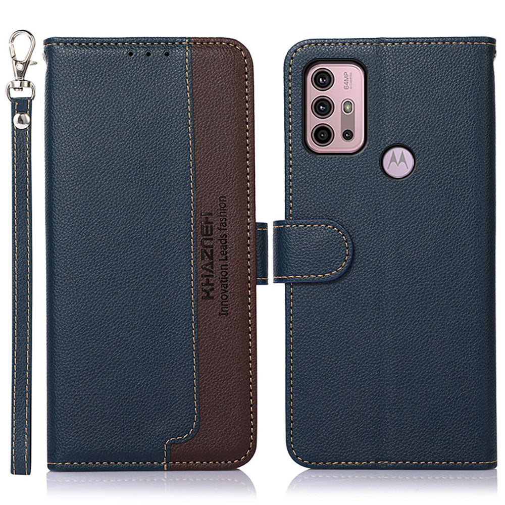 KHAZNEH RFID Blocking Anti-theft Swiping Design Litchi Skin Leather Phone Shell Case with Wallet for Motorola Moto G10/G30/G20