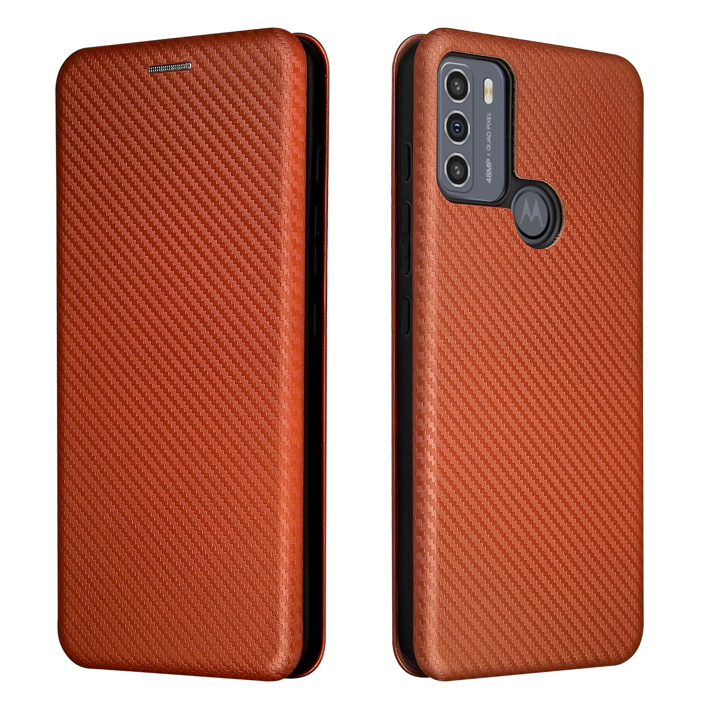 Auto-absorbed Carbon Fiber Texture Shock-proof Leather Case with Card Holder and Ring Strap for Motorola Moto G50