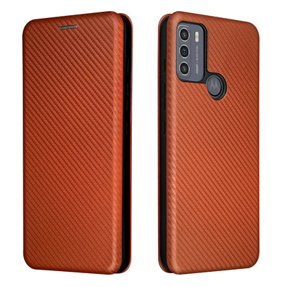 Auto-absorbed Carbon Fiber Texture Shock-proof Leather Case with Card Holder and Ring Strap for Motorola Moto G50