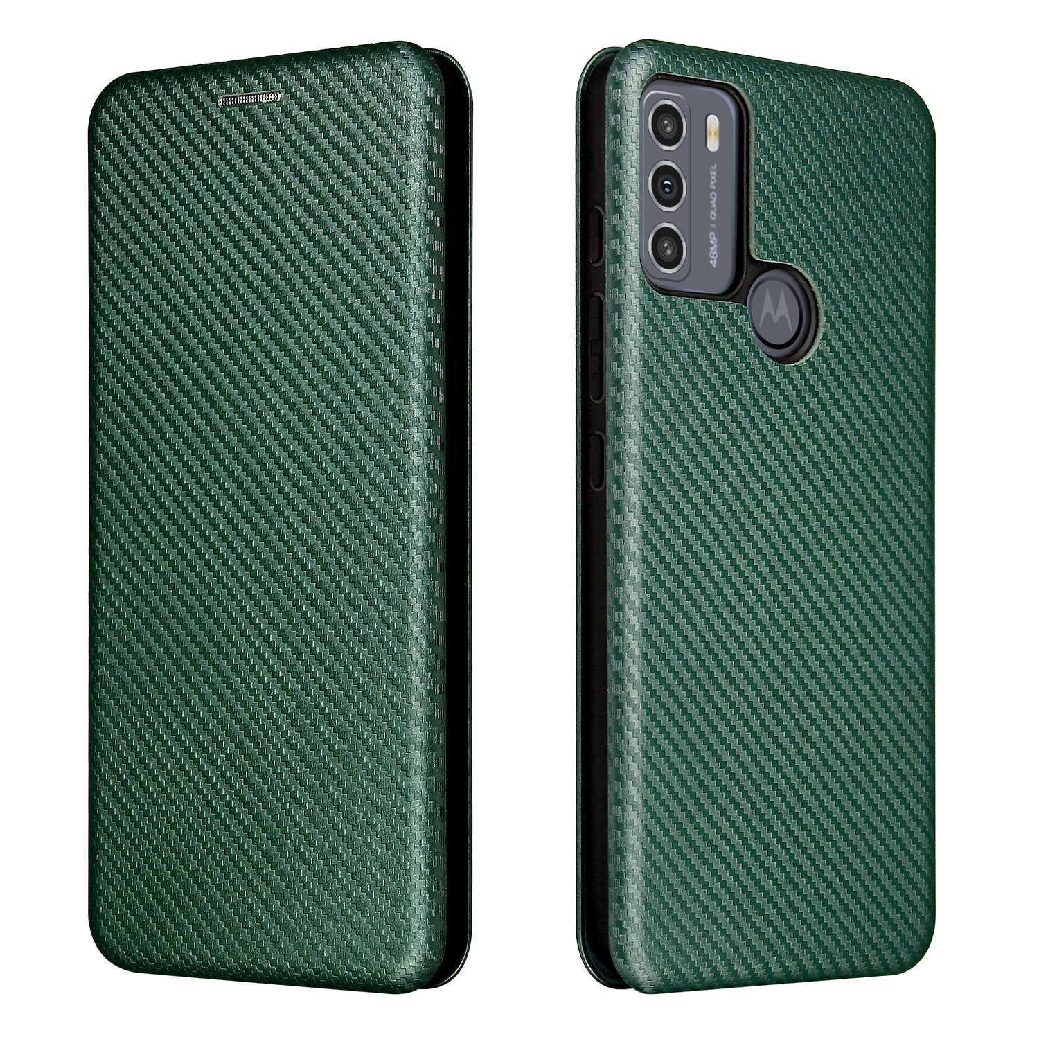 Auto-absorbed Carbon Fiber Texture Shock-proof Leather Case with Card Holder and Ring Strap for Motorola Moto G50