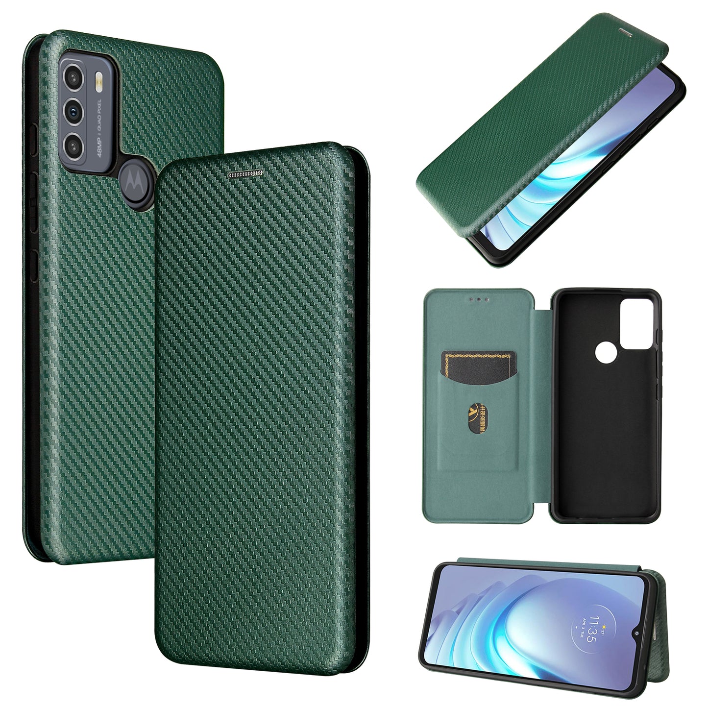 Auto-absorbed Carbon Fiber Texture Shock-proof Leather Case with Card Holder and Ring Strap for Motorola Moto G50