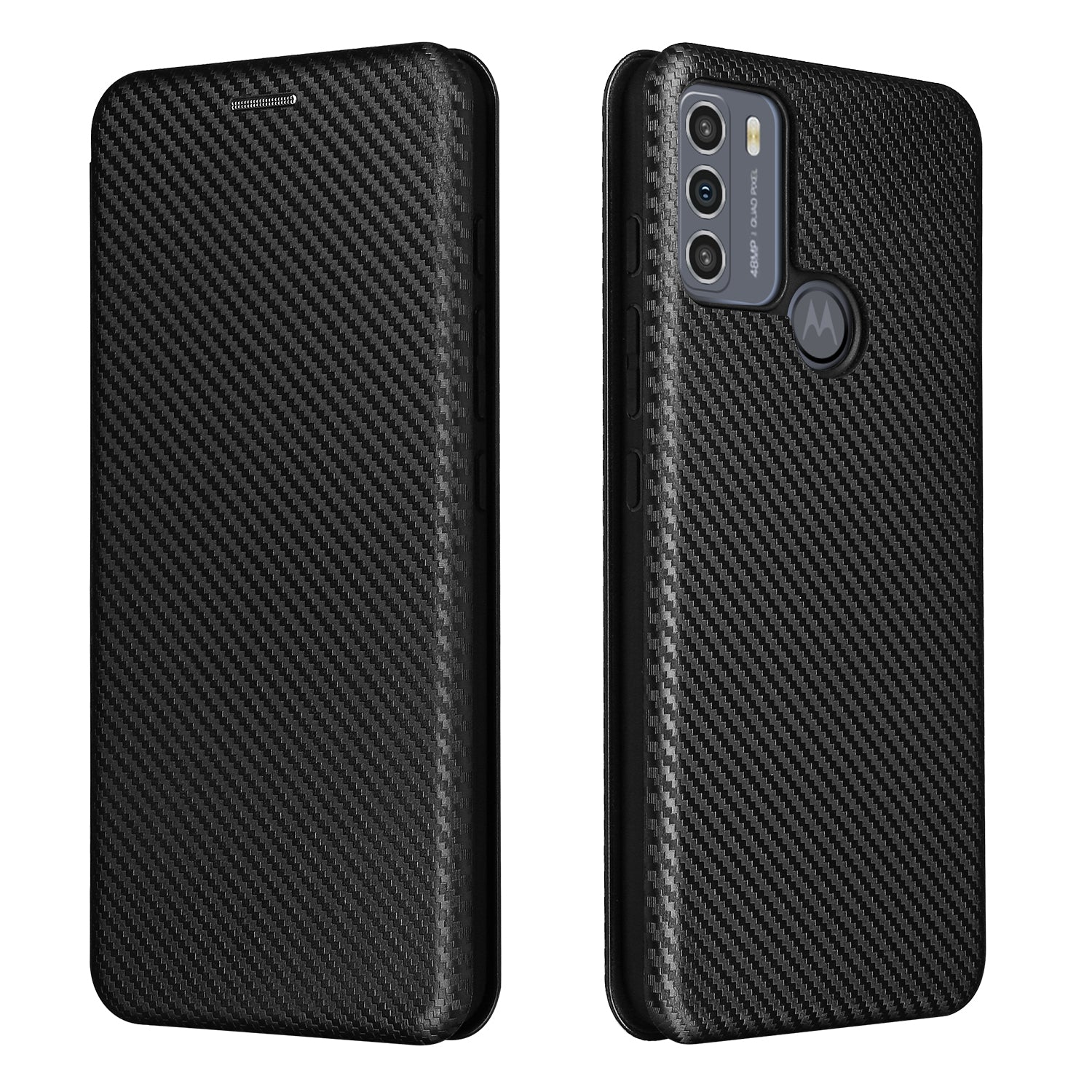 Auto-absorbed Carbon Fiber Texture Shock-proof Leather Case with Card Holder and Ring Strap for Motorola Moto G50