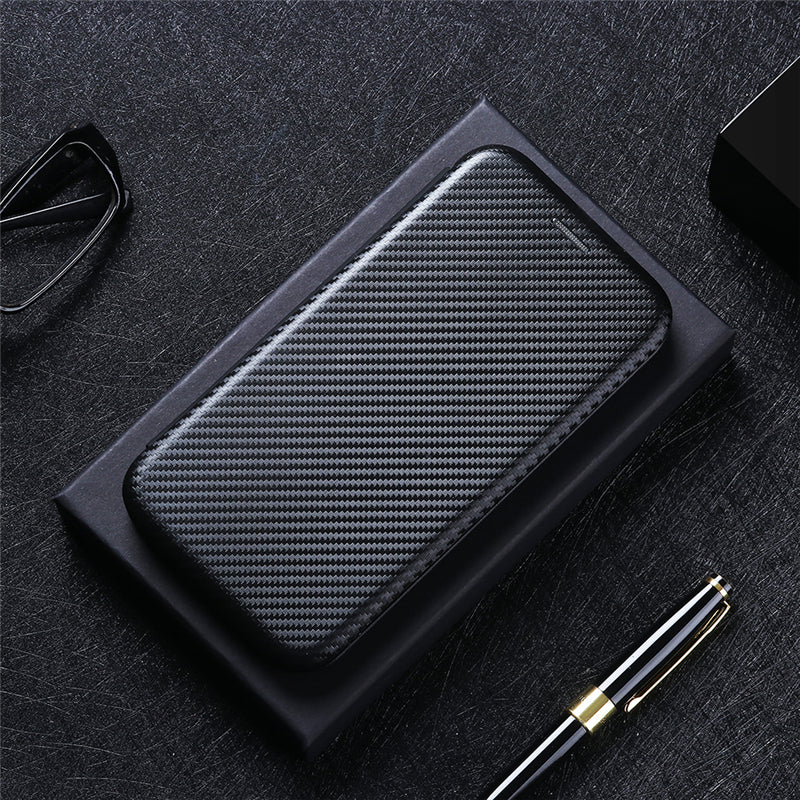 Auto-absorbed Carbon Fiber Texture Shock-proof Leather Case with Card Holder and Ring Strap for Motorola Moto G50