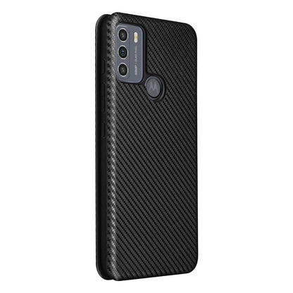 Auto-absorbed Carbon Fiber Texture Shock-proof Leather Case with Card Holder and Ring Strap for Motorola Moto G50