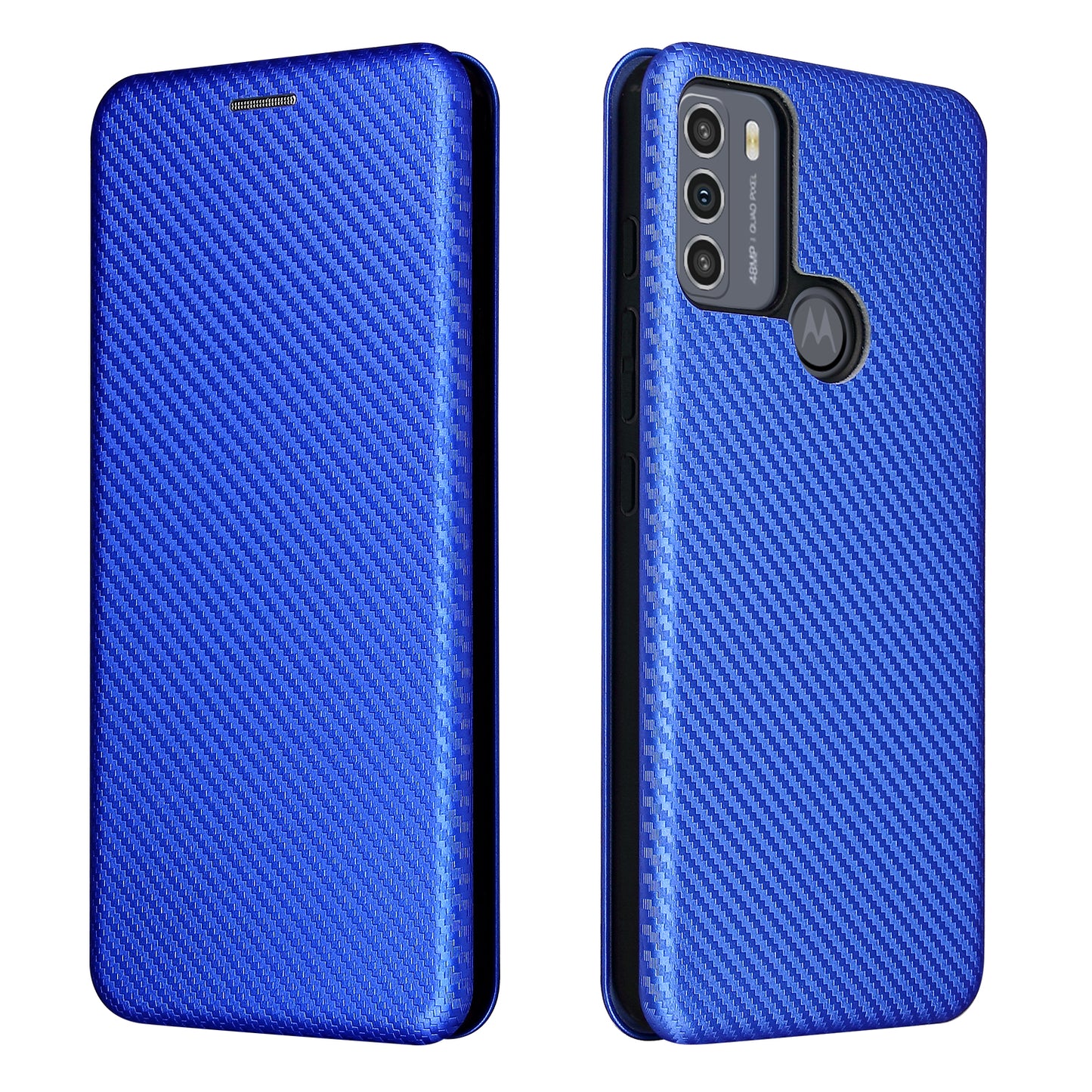 Auto-absorbed Carbon Fiber Texture Shock-proof Leather Case with Card Holder and Ring Strap for Motorola Moto G50