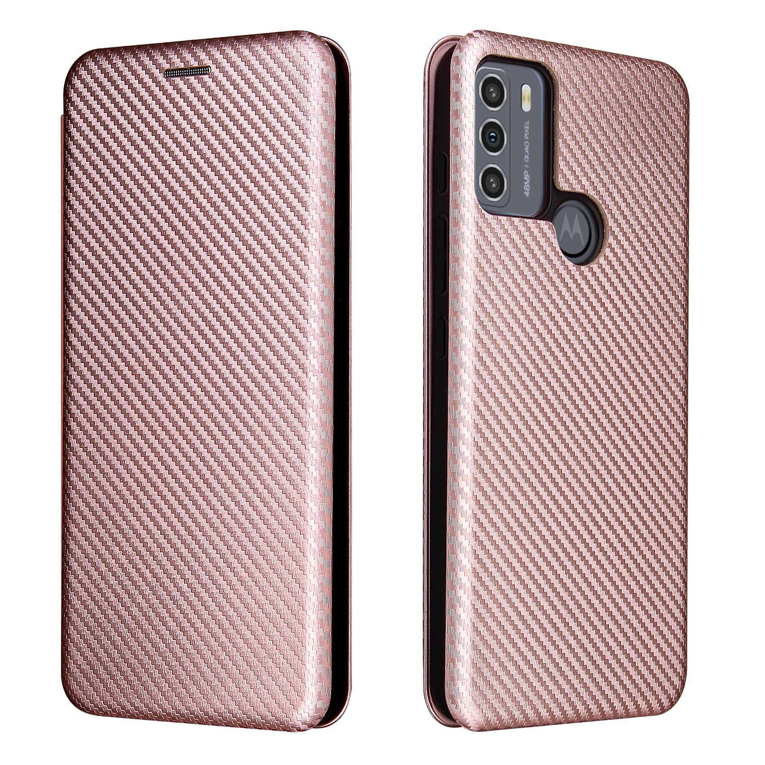 Auto-absorbed Carbon Fiber Texture Shock-proof Leather Case with Card Holder and Ring Strap for Motorola Moto G50