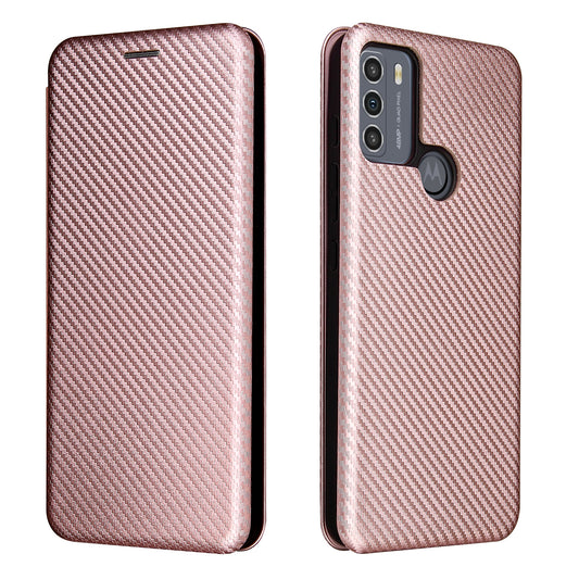 Auto-absorbed Carbon Fiber Texture Shock-proof Leather Case with Card Holder and Ring Strap for Motorola Moto G50