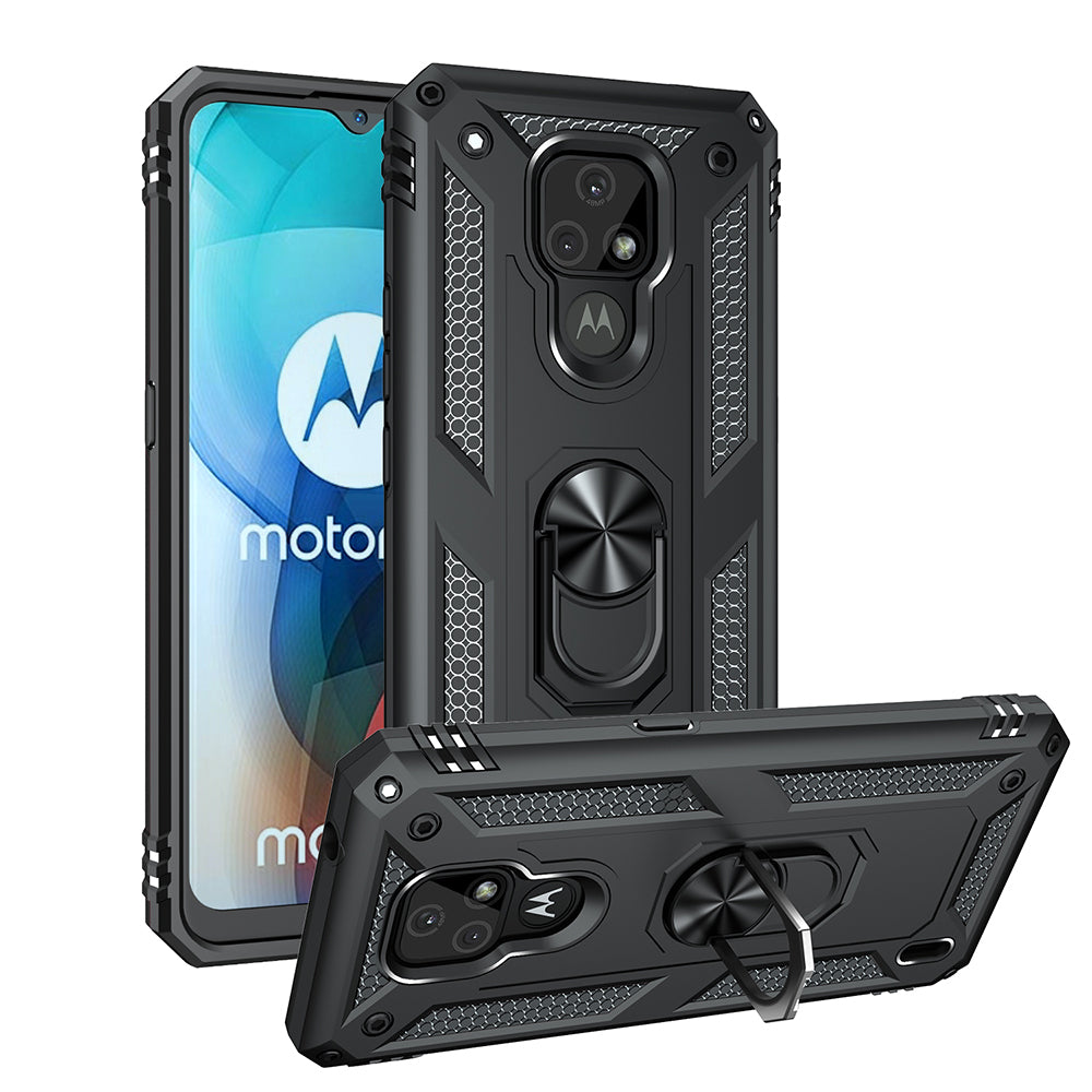 For Motorola Moto E7 Anti-Fall Phone Hybrid PC + TPU + Metal Case with Finger Ring Kickstand