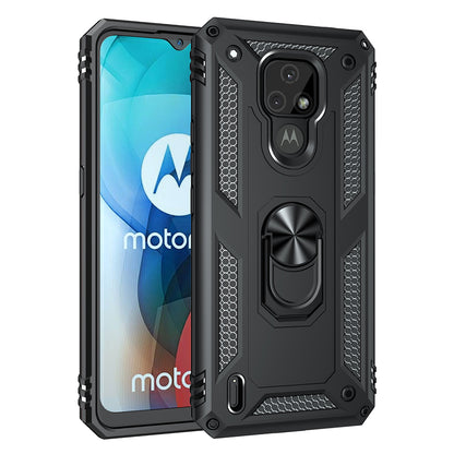 For Motorola Moto E7 Anti-Fall Phone Hybrid PC + TPU + Metal Case with Finger Ring Kickstand