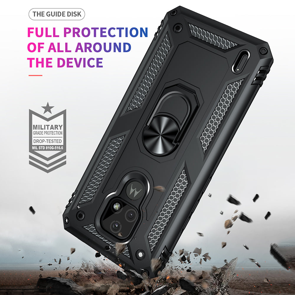 For Motorola Moto E7 Anti-Fall Phone Hybrid PC + TPU + Metal Case with Finger Ring Kickstand