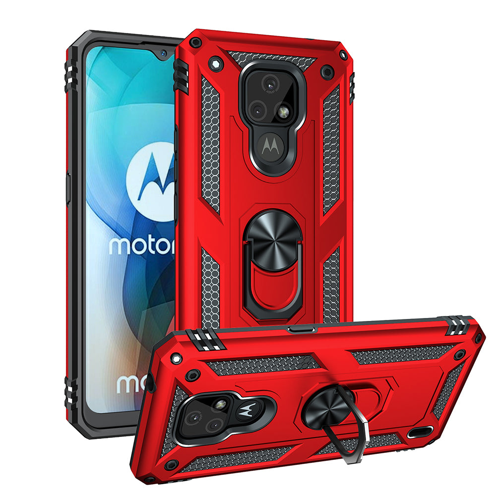 For Motorola Moto E7 Anti-Fall Phone Hybrid PC + TPU + Metal Case with Finger Ring Kickstand