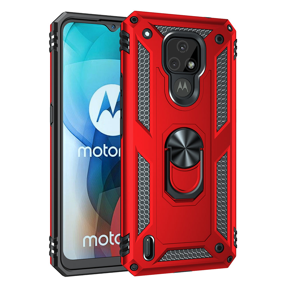 For Motorola Moto E7 Anti-Fall Phone Hybrid PC + TPU + Metal Case with Finger Ring Kickstand