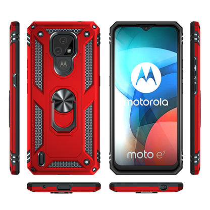 For Motorola Moto E7 Anti-Fall Phone Hybrid PC + TPU + Metal Case with Finger Ring Kickstand