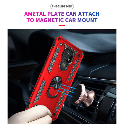 For Motorola Moto E7 Anti-Fall Phone Hybrid PC + TPU + Metal Case with Finger Ring Kickstand