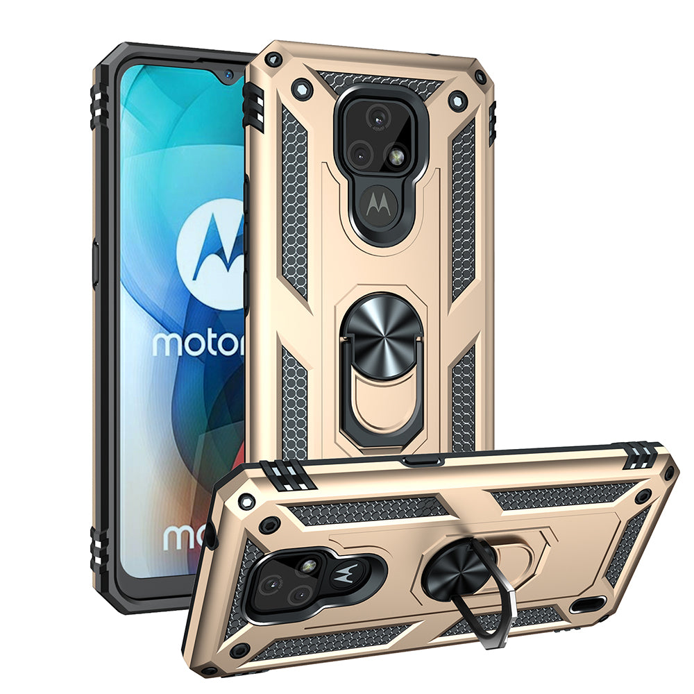 For Motorola Moto E7 Anti-Fall Phone Hybrid PC + TPU + Metal Case with Finger Ring Kickstand