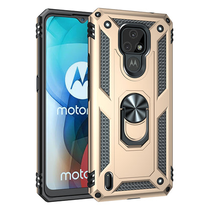 For Motorola Moto E7 Anti-Fall Phone Hybrid PC + TPU + Metal Case with Finger Ring Kickstand